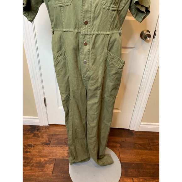 A.L.C. Green Denim Cotton Linen Blend Collared Short Sleeve Jumpsuit Size 12 - Picture 3 of 7